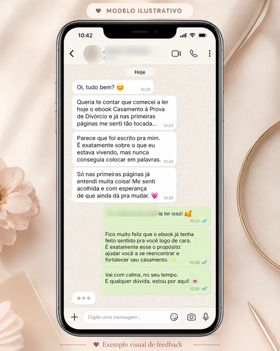 Exemplo visual de feedback ilustrativo 1, com nome e foto do perfil desfocados
