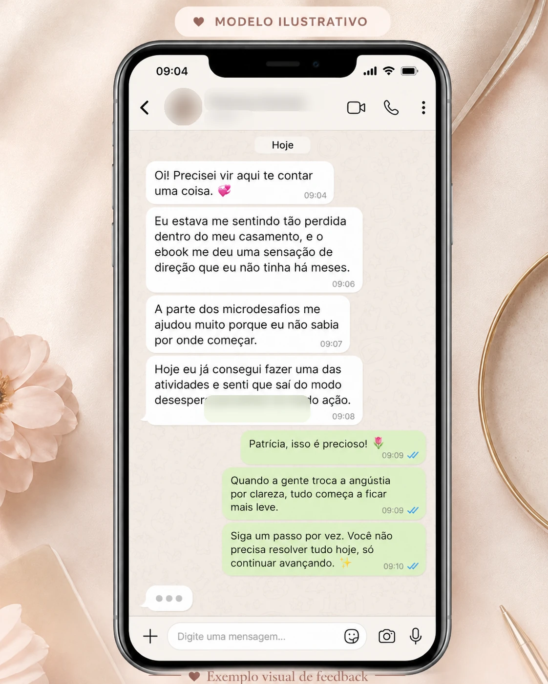 Exemplo visual de feedback ilustrativo 2, com nome e foto do perfil desfocados
