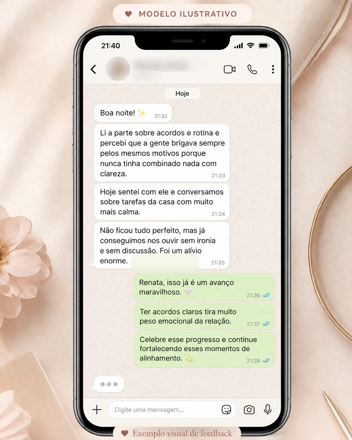 Exemplo visual de feedback ilustrativo 5, com nome e foto do perfil desfocados