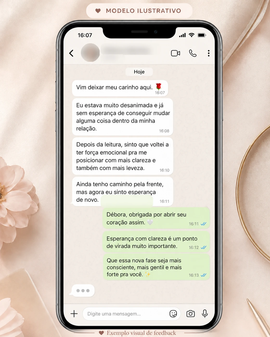 Exemplo visual de feedback ilustrativo 7, com nome e foto do perfil desfocados