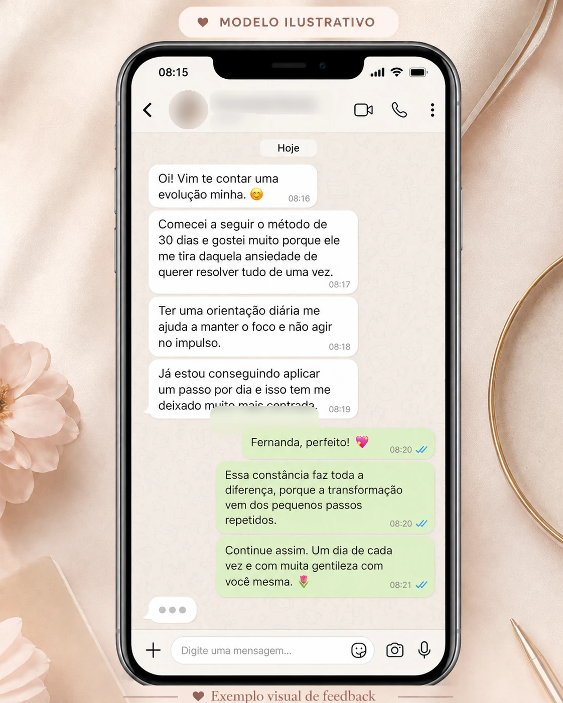 Exemplo visual de feedback ilustrativo 9, com nome e foto do perfil desfocados